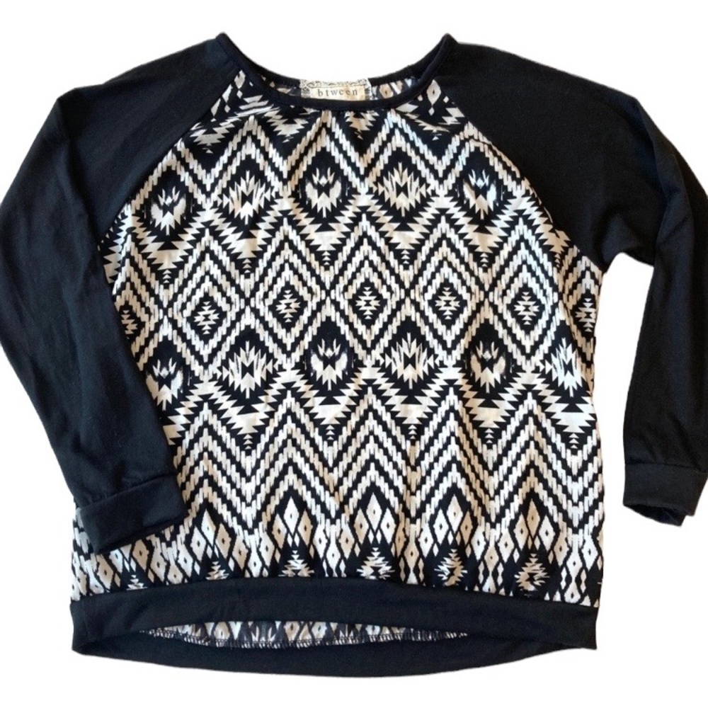 Btween raglan sleeve girls geometric print black and white shirt top size 12